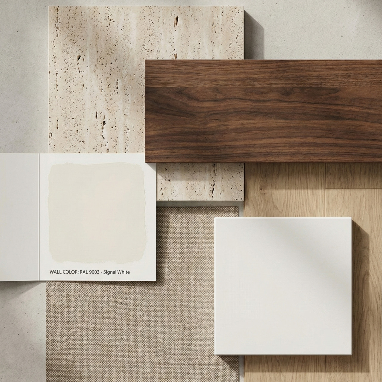 Σύνολο αρχιτεκτονικών υλικών και χρωμάτων, με υφή πέτρας, λείες μεταλλικές επιφάνειες, ξύλο και άλλα σύγχρονα στοιχεία.