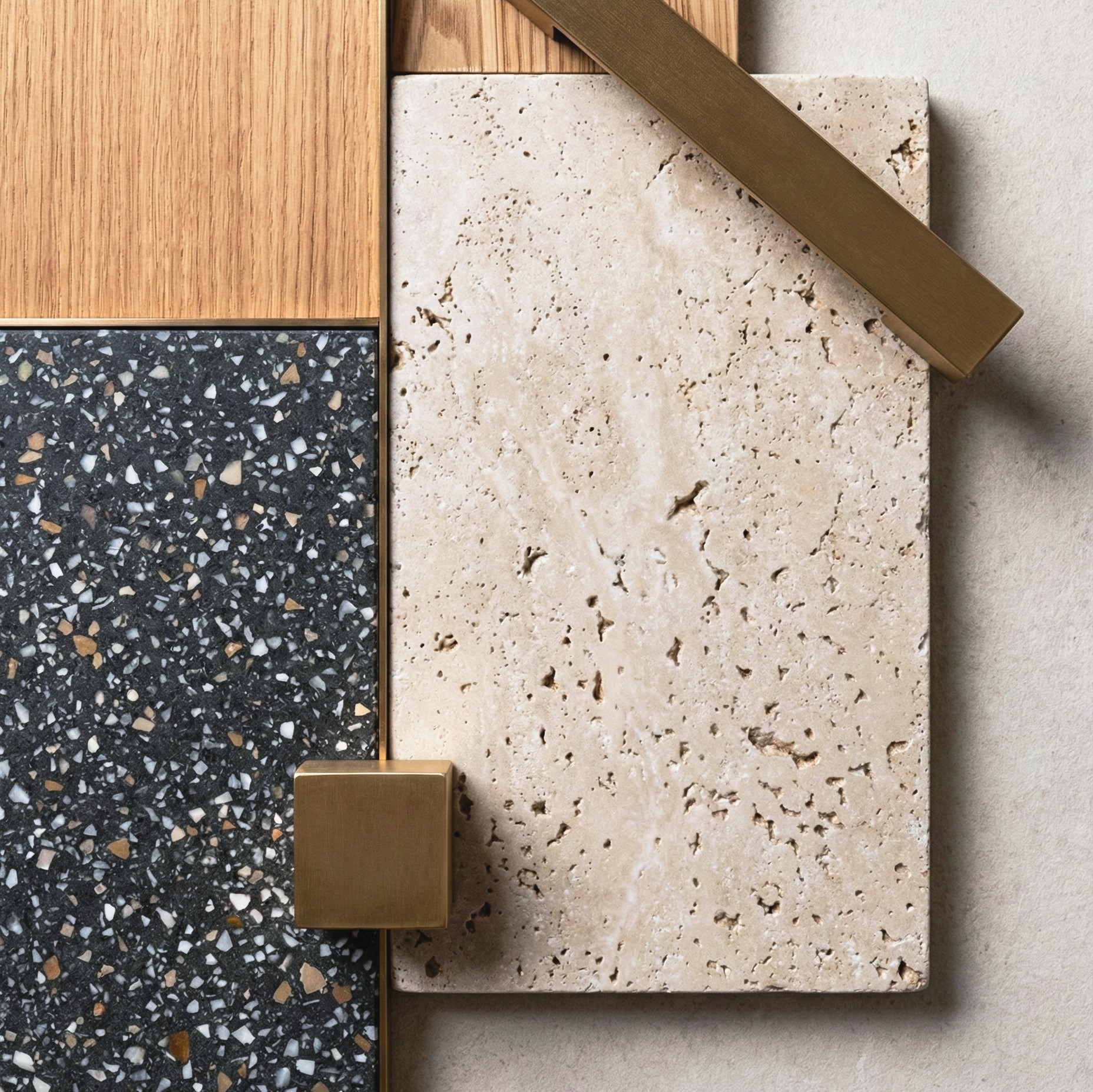 Παλέτα υλικών με πέτρα, μέταλλο και ξύλο για πολυτελή εσωτερικά έργα.